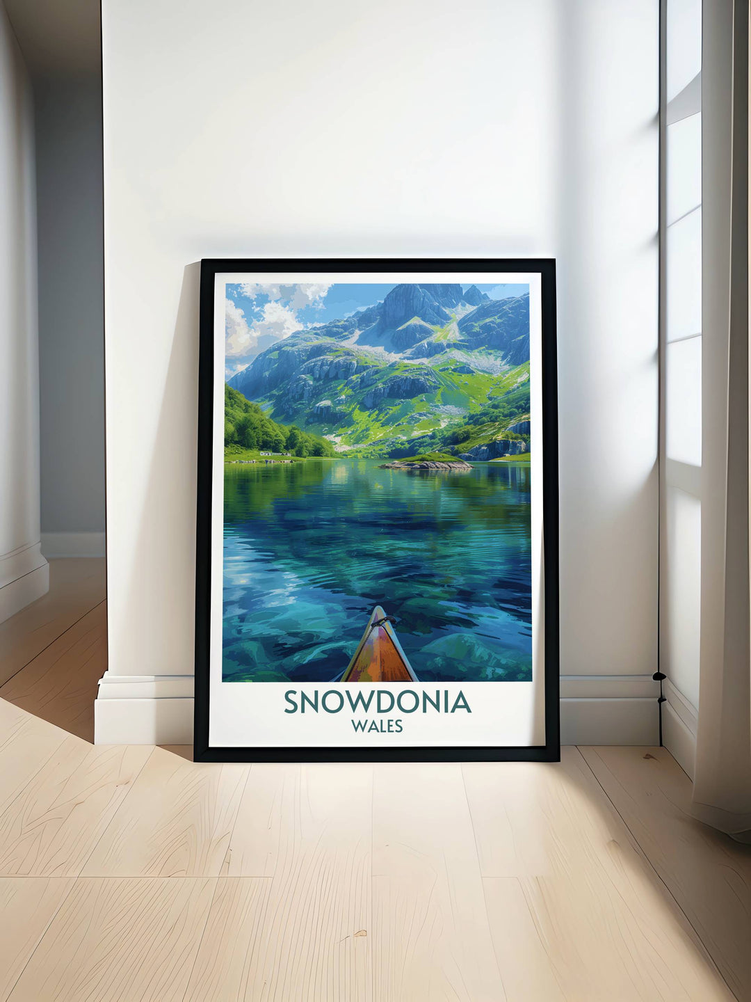 Llyn Padarn Modern Wall Decor captures the tranquil beauty of Snowdonia, featuring a serene glacial lake surrounded by lush greenery and verdant hills. Perfect for nature lovers, this wall art brings a touch of Wales natural splendor into your home.