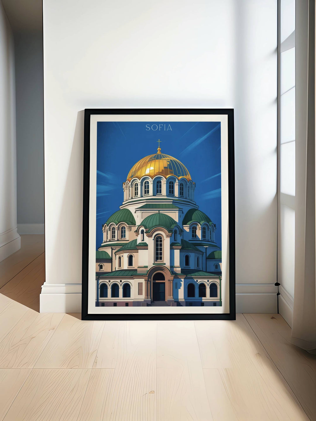 Modern minimalist Sofia Cathedral Alexander Nevski travel poster with bold geometric dome design, electric golds, deep blues, whites, clean lines, and contemporary illustration