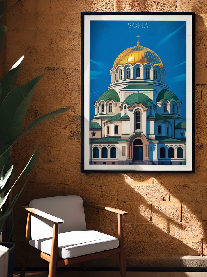 Contemporary geometric Sofia Cathedral poster with modern architectural interpretation, vibrant jewel-tone colors, minimalist design, and digital illustration style
