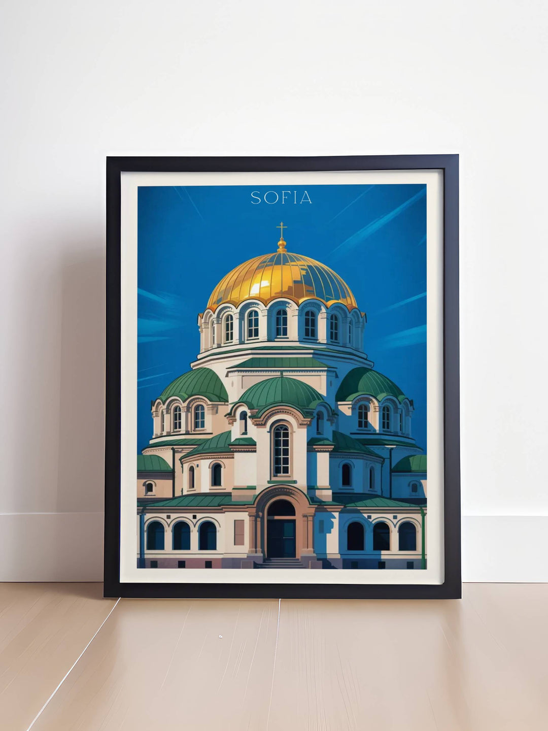 Bold modern Sofia Cathedral Alexander Nevski poster with geometric dome design, striking color palette, clean lines, and contemporary minimalist architectural art
