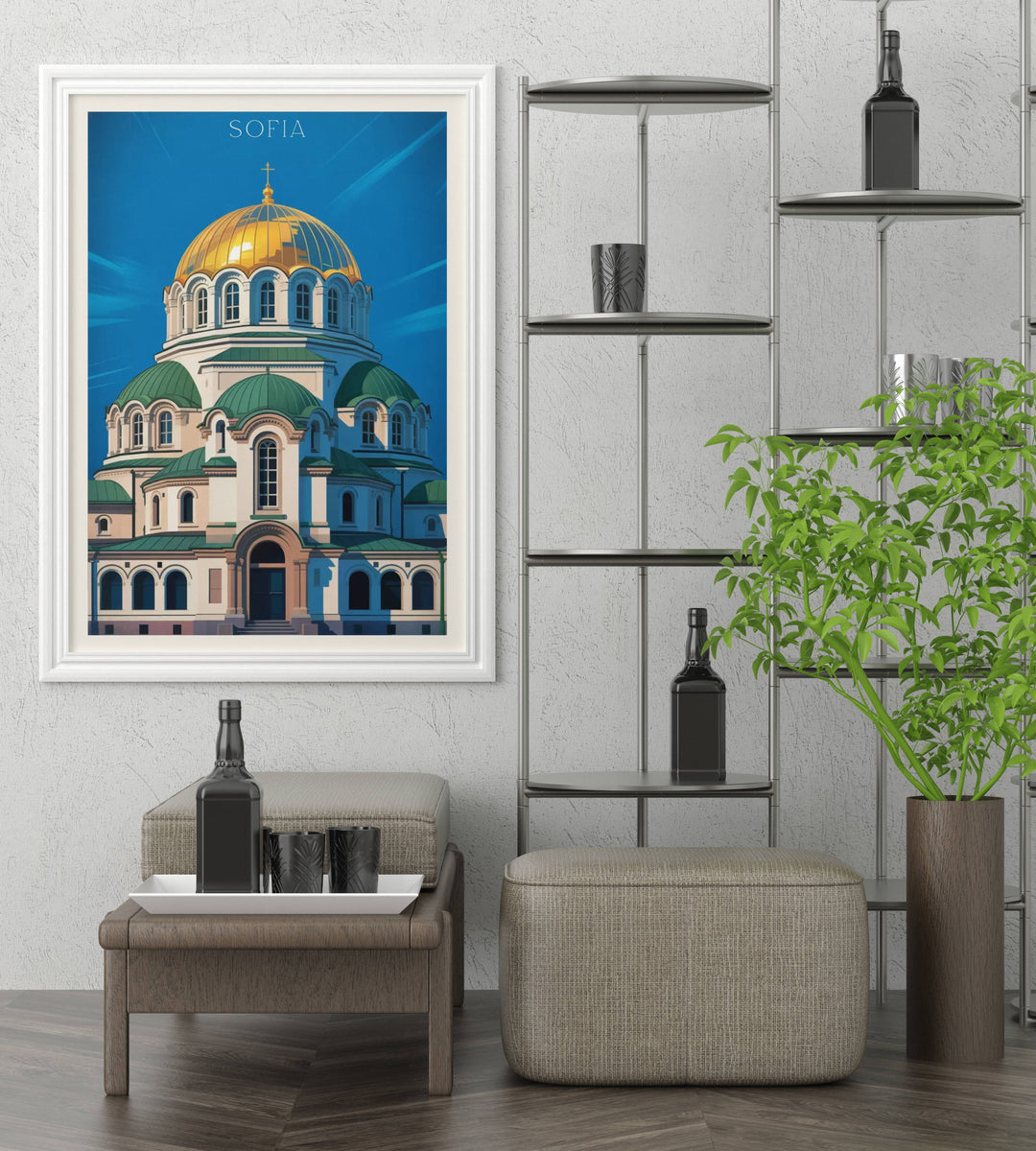 Bold modern Sofia Cathedral poster featuring geometric architectural elements, electric gold dome, deep blue accents, white space, and contemporary minimalist art aesthetic
