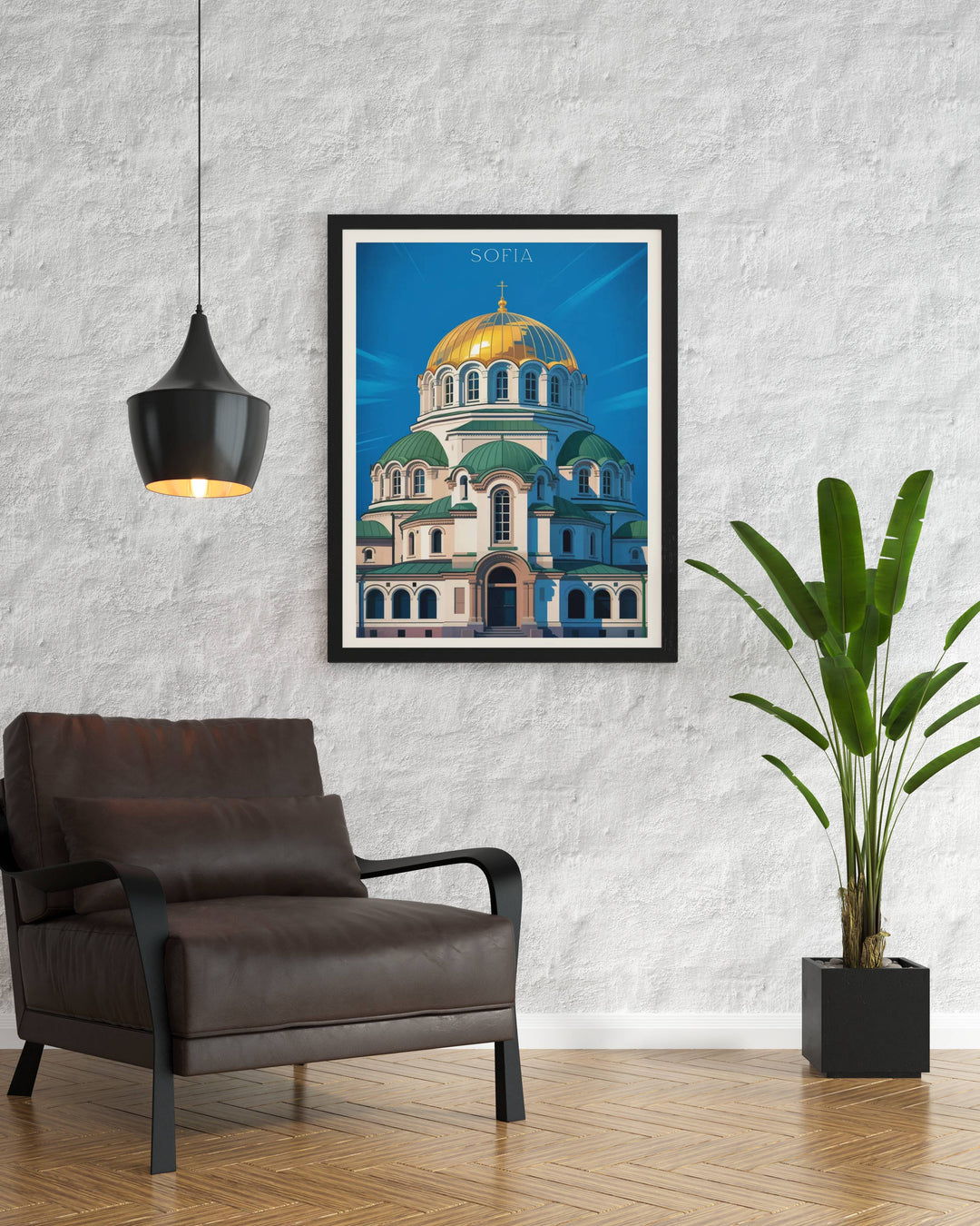 Modern Sofia Cathedral travel poster with geometric simplification, striking jewel-tone palette, electric golds, deep blues, whites, and contemporary design approach