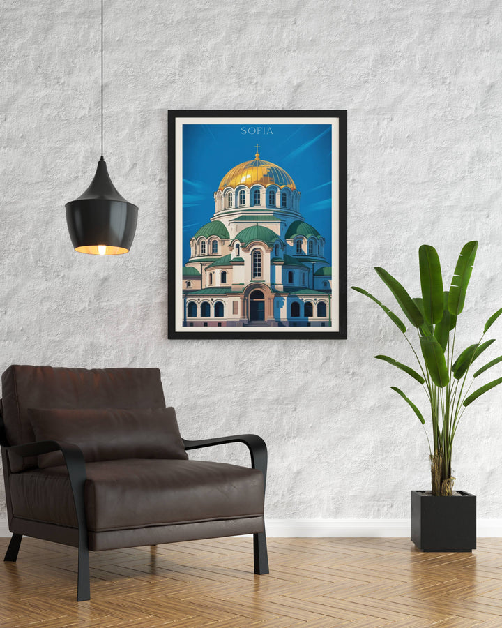 Modern Sofia Cathedral travel poster with geometric simplification, striking jewel-tone palette, electric golds, deep blues, whites, and contemporary design approach