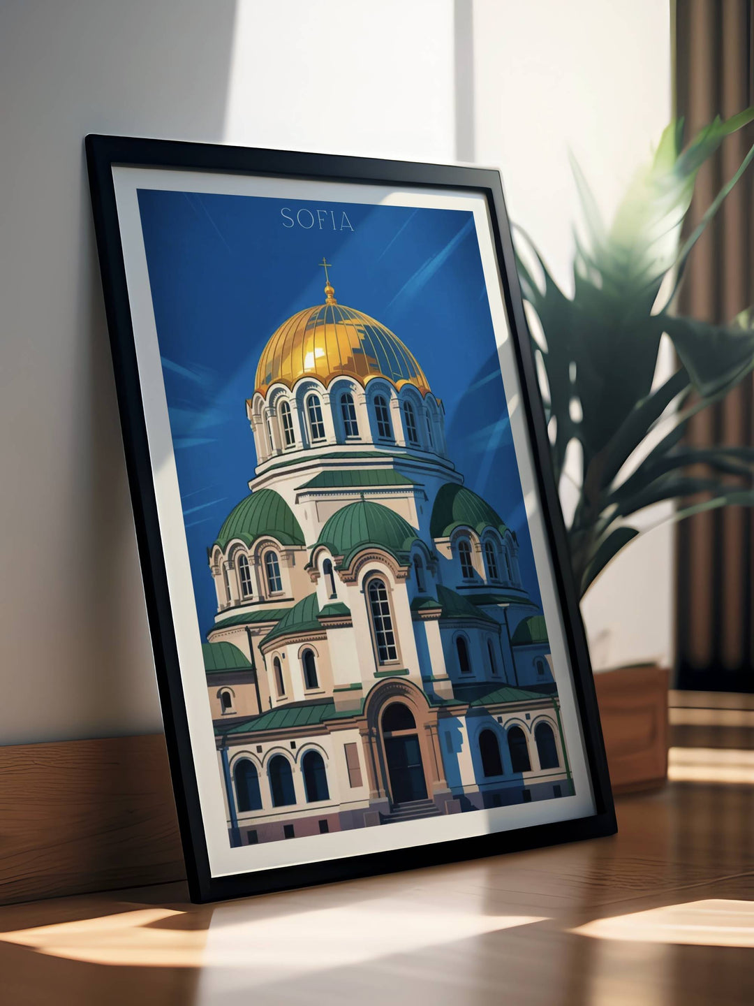 Contemporary minimalist Alexander Nevski Cathedral poster from Sofia with bold geometric forms, electric gold and blue colors, clean linework, and modern illustration style