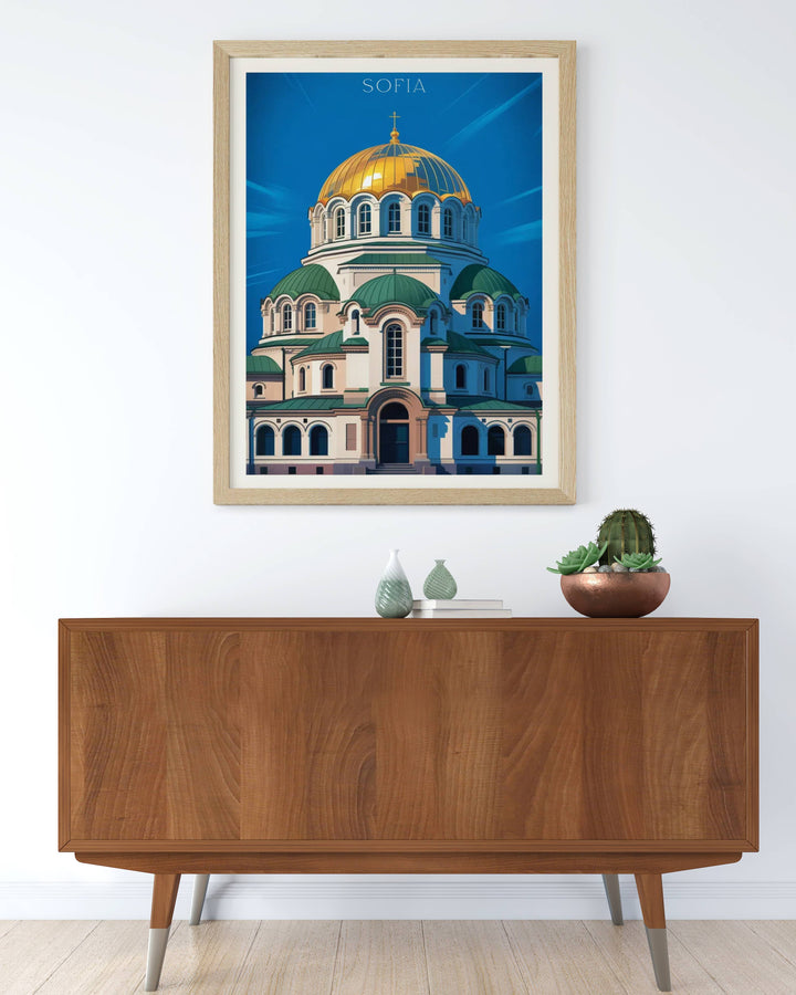 Modern geometric Sofia Cathedral poster art showing Alexander Nevski landmark with simplified architectural forms, bold color contrasts, and contemporary flat design
