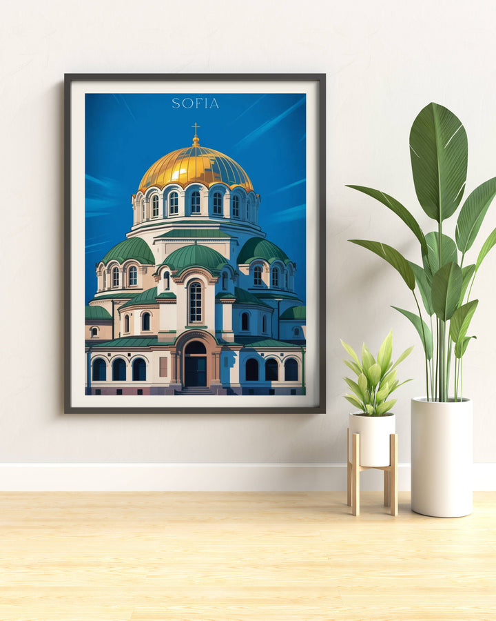 Contemporary Sofia Alexander Nevski Cathedral art print with geometric architectural interpretation, striking color palette, minimalist design, and modern flat illustration style
