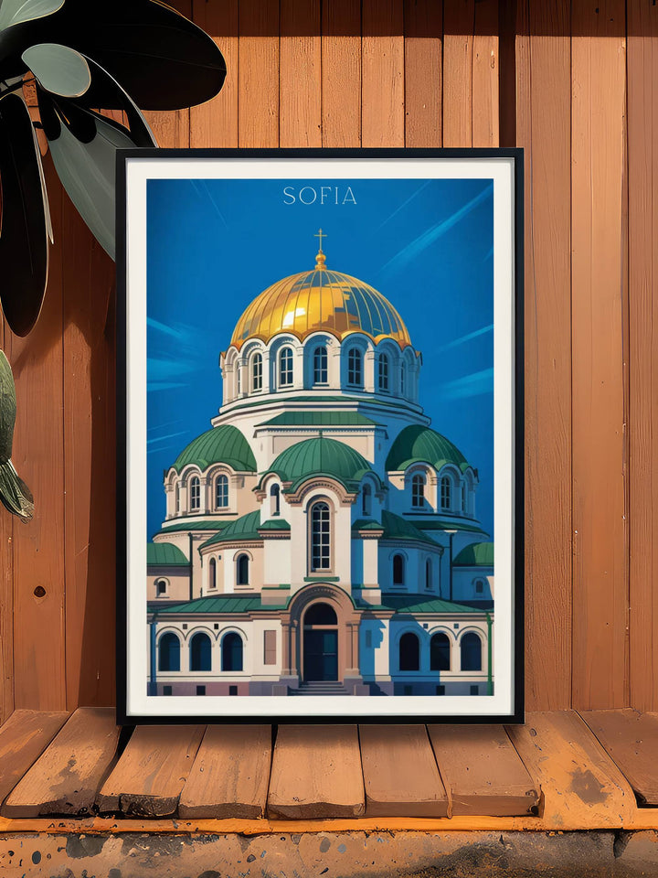 Contemporary Sofia Cathedral minimalist travel poster featuring bold geometric architectural interpretation, electric golds, deep blues, and modern digital illustration
