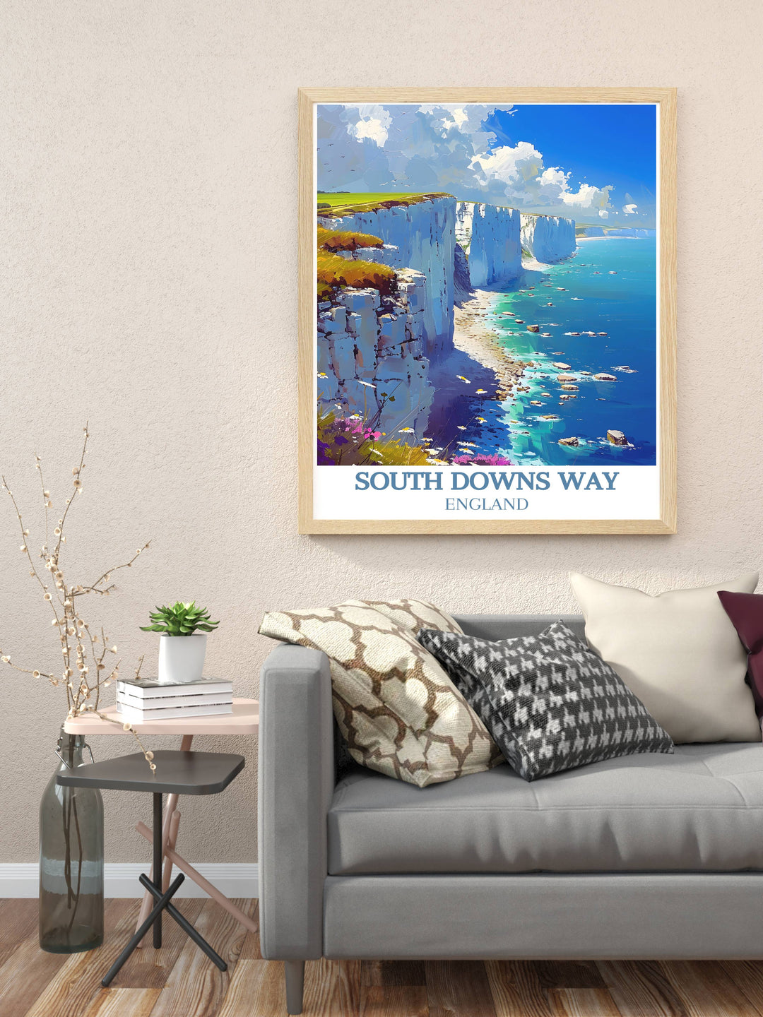 Vintage travel print of the South Downs Way, offering a timeless reminder of Englands serene landscapes and historical trails, perfect for any home decor