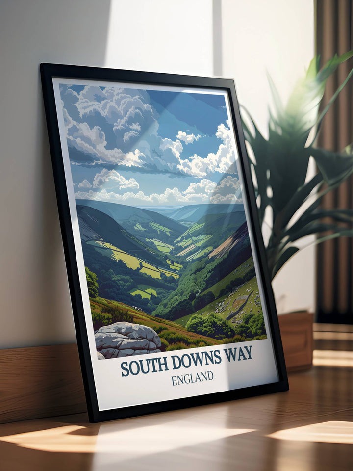 Travel poster of the South Downs Way, capturing the essence of this iconic trail with breathtaking landscapes and serene beauty, ideal for any home decor.