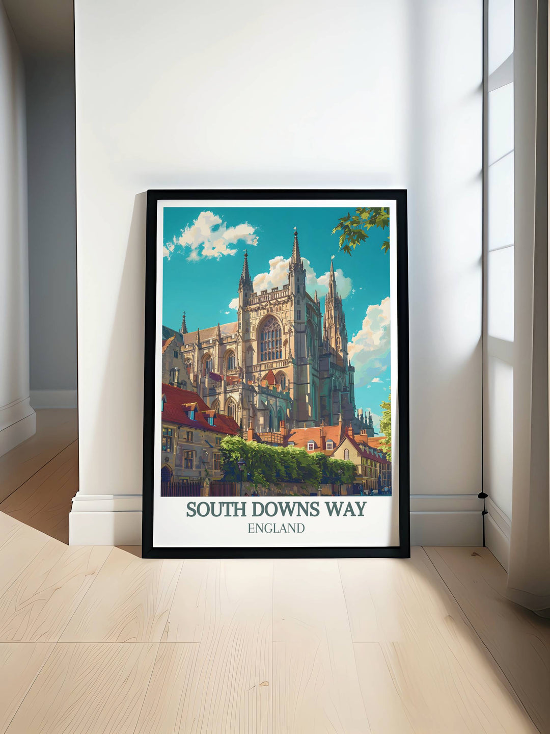 Serene South Downs Way print capturing the picturesque landscapes of rolling hills and vibrant wildflowers. Ideal for nature lovers and those who appreciate tranquil scenes.