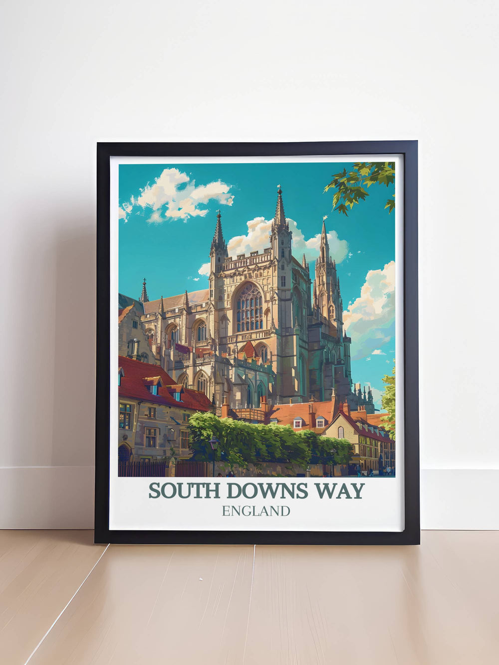 Vintage Sussex poster featuring the historic streets of Brighton and quaint villages of Eastbourne. Adds a touch of nostalgia and charm to any decor.