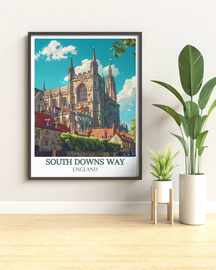 Customizable England map print highlighting the scenic trails of South Downs Way and the intricate details of Winchester Cathedrals facade. Perfect for personalizing your space.