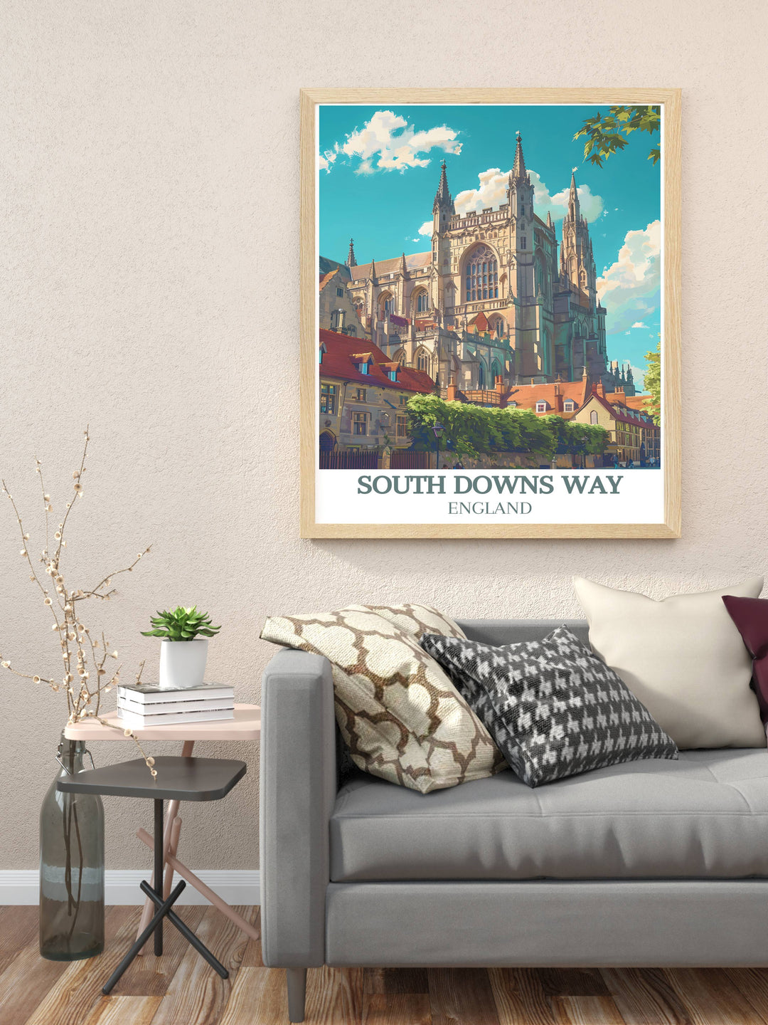 Tranquil South Downs Way hiking trail poster showcasing the peaceful ambiance and natural beauty of this beloved national trail. Perfect for outdoor enthusiasts.