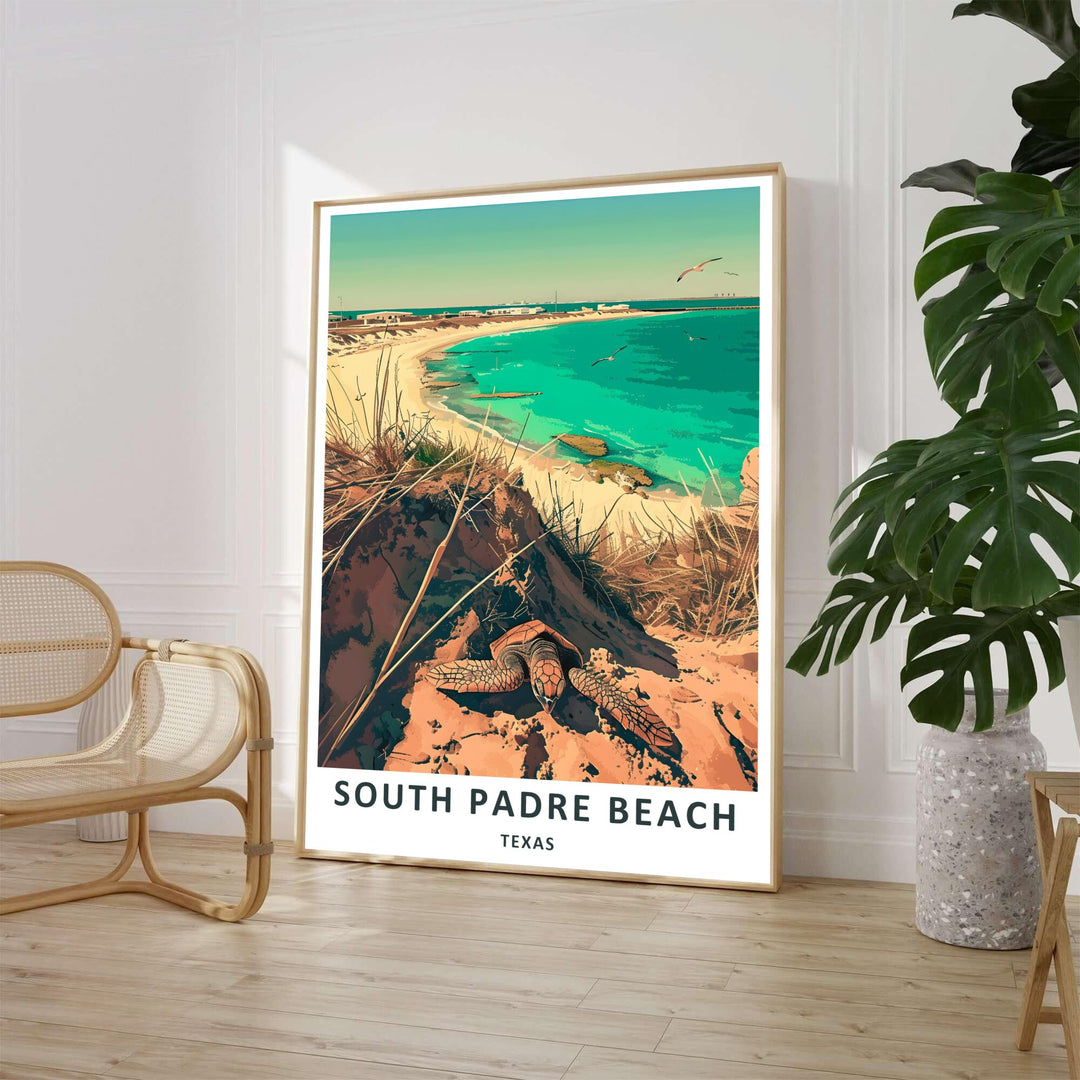 A vibrant tropical travel graphic by MapYourDreams showcasing a sea turtle crawling along sandy dunes overlooking turquoise ocean waters at Malaquite Beach, available as an unframed fine art paper print, gallery canvas wrap, or custom handcrafted picture frame for your coastal home decor.