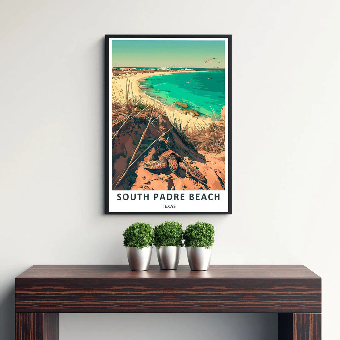 A scenic ocean view print illustrating South Padre Beach with SOUTH PADRE BEACH TEXAS typography printed neatly along the bottom margin. It serves as a stylish Malaquite Beach Poster display, offered in unframed, gallery canvas, and custom-framed formats for coastal lovers.