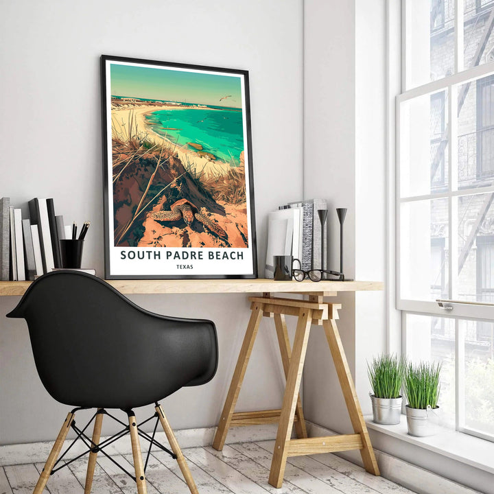 This modern coastal travel art piece captures sweeping beach dunes, ocean waves, and nesting sea turtles under bright tropical sunlight. Functioning as a unique Sea Turtle Print, it is offered as an unframed fine art paper print, gallery canvas wrap, or custom handcrafted picture frame.