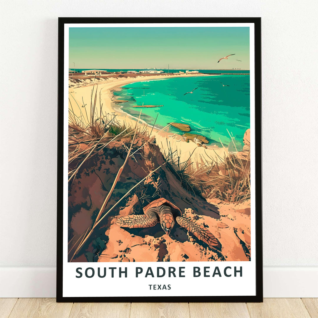 This detailed South Padre Beach Print depicts pristine sand dunes, flying seagulls, and crystal-clear Gulf waters along South Padre Island, presented as a high-quality artwork offered unframed, as a museum canvas wrap, or in custom handcrafted timber frames for modern interior spaces.