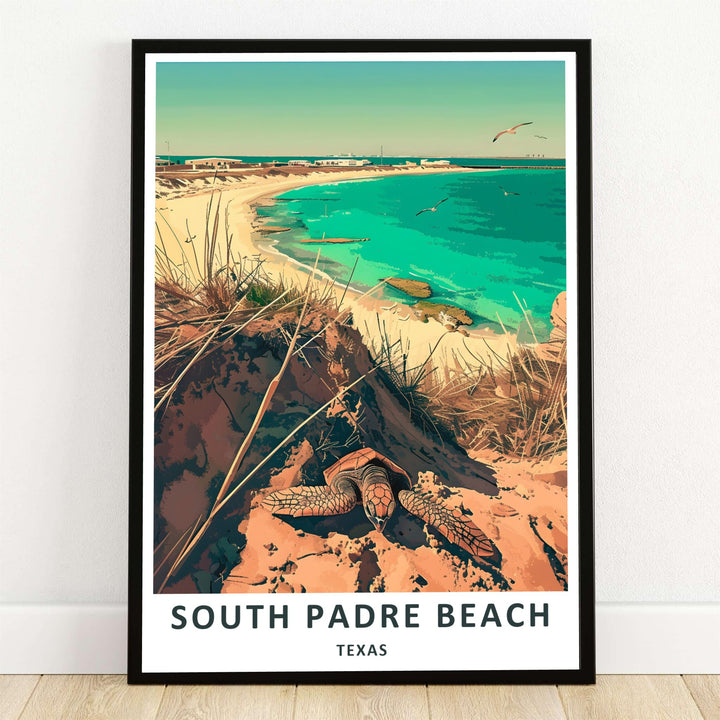 This detailed South Padre Beach Print depicts pristine sand dunes, flying seagulls, and crystal-clear Gulf waters along South Padre Island, presented as a high-quality artwork offered unframed, as a museum canvas wrap, or in custom handcrafted timber frames for modern interior spaces.