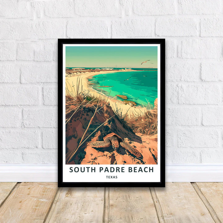 Depicting sunny coastal dunes and a detailed sea turtle returning to turquoise ocean waters, this Sea Turtle Print creates a tranquil, refreshing atmosphere. Order this South Padre Beach Print as an unframed fine art paper print, stretched museum canvas, or custom picture frame.