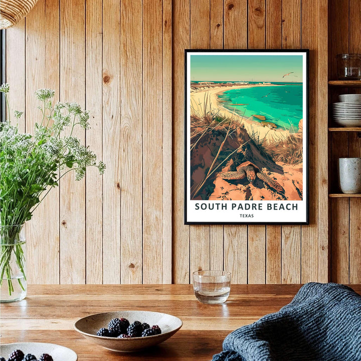 A modern vintage coastal illustration that serves as an inspiring Texas Coastal Decor centerpiece for bedrooms, living rooms, and beach houses. It functions as a bold Malaquite Beach Poster supplied in unframed paper, gallery-wrapped canvas, or custom handcrafted framing.