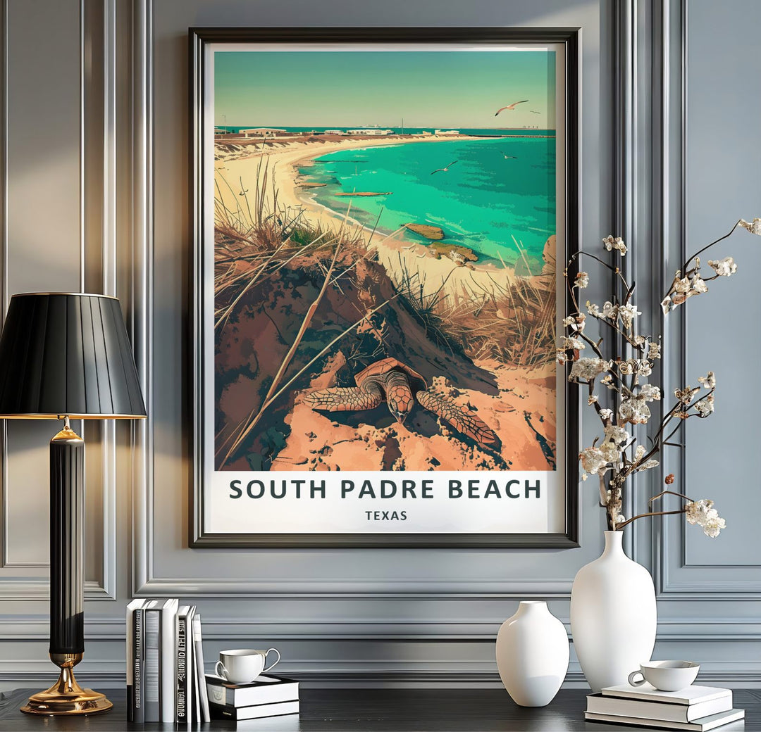 Featuring a detailed sea turtle on grassy sand dunes overlooking a glowing turquoise ocean bay, this graphic artwork is a standout South Padre Island Wall Art selection. Select an unframed paper print, gallery canvas wrap, or custom-framed layout to elevate your space.
