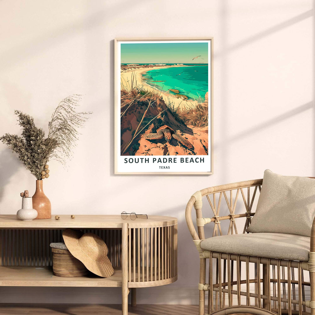 This coastal travel graphic honors Texas ocean conservation and sea turtle wildlife with warm sunny colors and crisp vector lines. Created by MapYourDreams, it is provided as an unframed South Padre Beach Print, gallery canvas wrap, or custom frame option to enrich your wall decor.