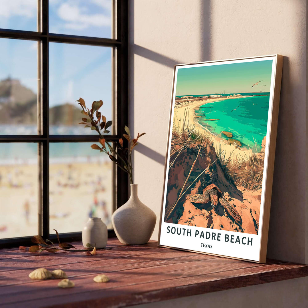 An inspiring coastal landscape illustration featuring a nesting sea turtle on sunny beach dunes under a clear blue sky, styled as a refined South Padre Island Wall Art piece. Available in museum-grade fine art paper prints, stretched gallery canvas wraps, and artisan custom frames.