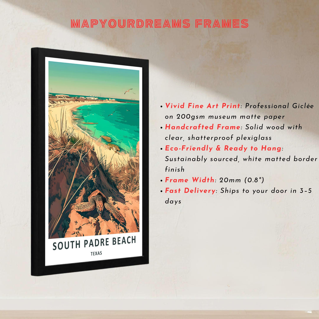 Capturing the sunny charm of South Padre Island with coastal dunes and marine wildlife, this contemporary beach artwork acts as a stunning South Padre Island Wall Art piece. It can be ordered unframed, gallery-wrapped on canvas, or in custom handcrafted frames for homes.