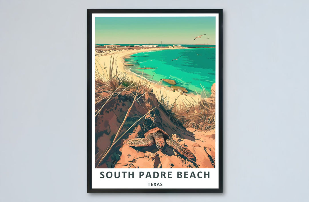 A vibrant tropical Texas Coastal Decor print displaying a sea turtle, sandy coastline, flying birds, and bright turquoise water under a sunny sky. Available as an unframed South Padre Beach Print, stretched canvas wrap, or custom frame, it adds instant ocean charm to rooms.