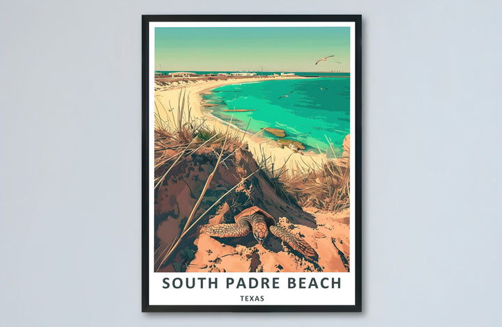 A vibrant tropical Texas Coastal Decor print displaying a sea turtle, sandy coastline, flying birds, and bright turquoise water under a sunny sky. Available as an unframed South Padre Beach Print, stretched canvas wrap, or custom frame, it adds instant ocean charm to rooms.