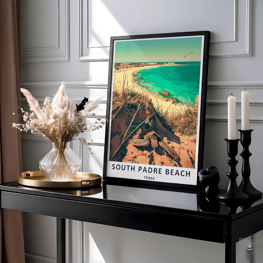 A radiant Texas coastline graphic highlighting the natural beauty and marine wildlife of Malaquite Beach, serving as a standout Malaquite Beach Poster. Choose an unframed paper option, premium gallery-wrapped canvas, or custom-built frame to bring tropical beach vibes to your gallery wall.