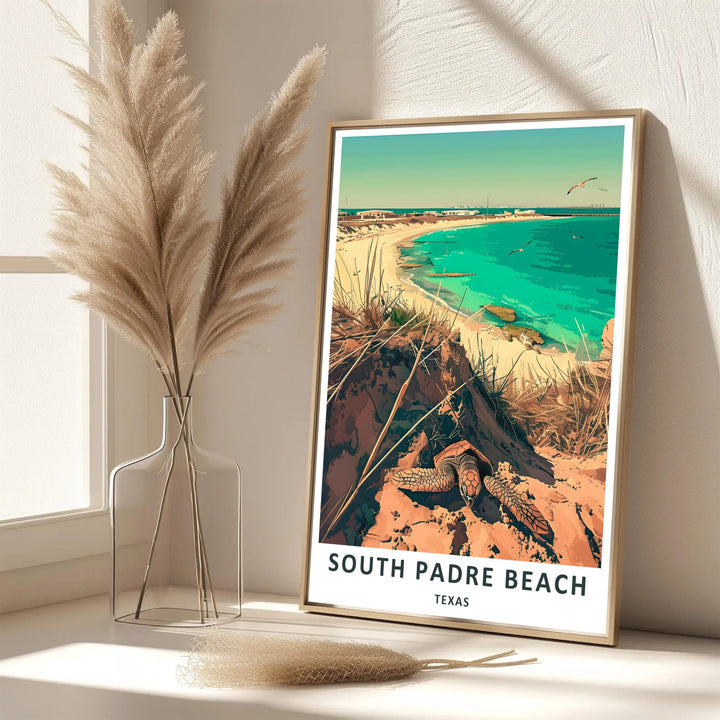 A stylish coastal graphic by MapYourDreams celebrating South Padre Island nature through a stunning South Padre Island Wall Art design. Featuring Malaquite Beach dunes and sea turtles, this South Padre Beach Print is available as an unframed print, canvas, or custom frame.
