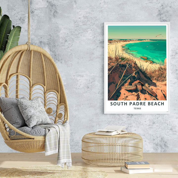 High-contrast tropical Texas Coastal Decor artwork illustrating sea turtles, beach dunes, and coastal ocean views in Texas. Available as an unframed fine art paper print, stretched canvas, or custom-framed display, it serves as the ultimate Malaquite Beach Poster for beach lovers.
