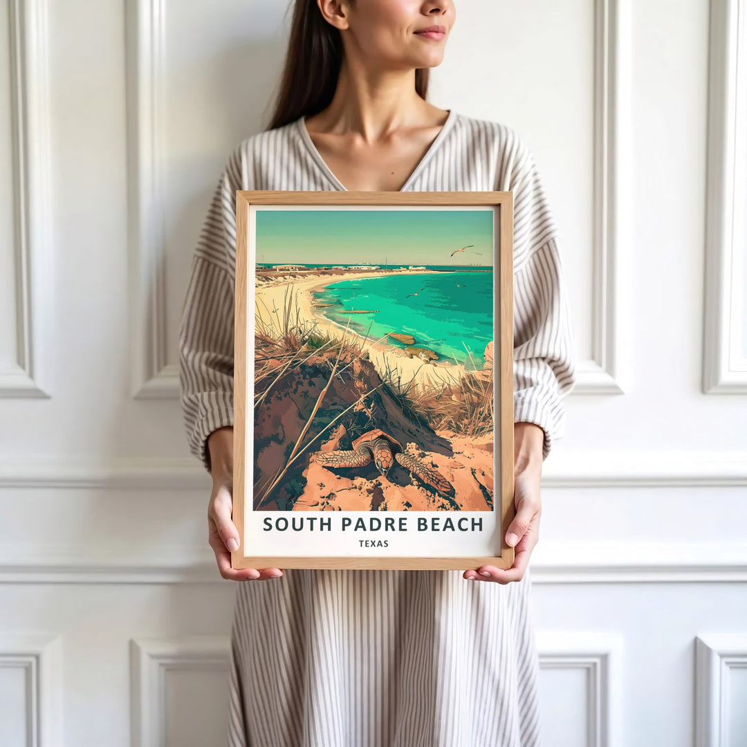 This nostalgic coastal travel South Padre Beach Print celebrates Gulf Coast landscapes with turquoise blue, seafoam green, warm sand, and sky blue color gradients. Offered as an unframed Sea Turtle Print, gallery canvas wrap, or custom frame, it pairs perfectly with beach decor.