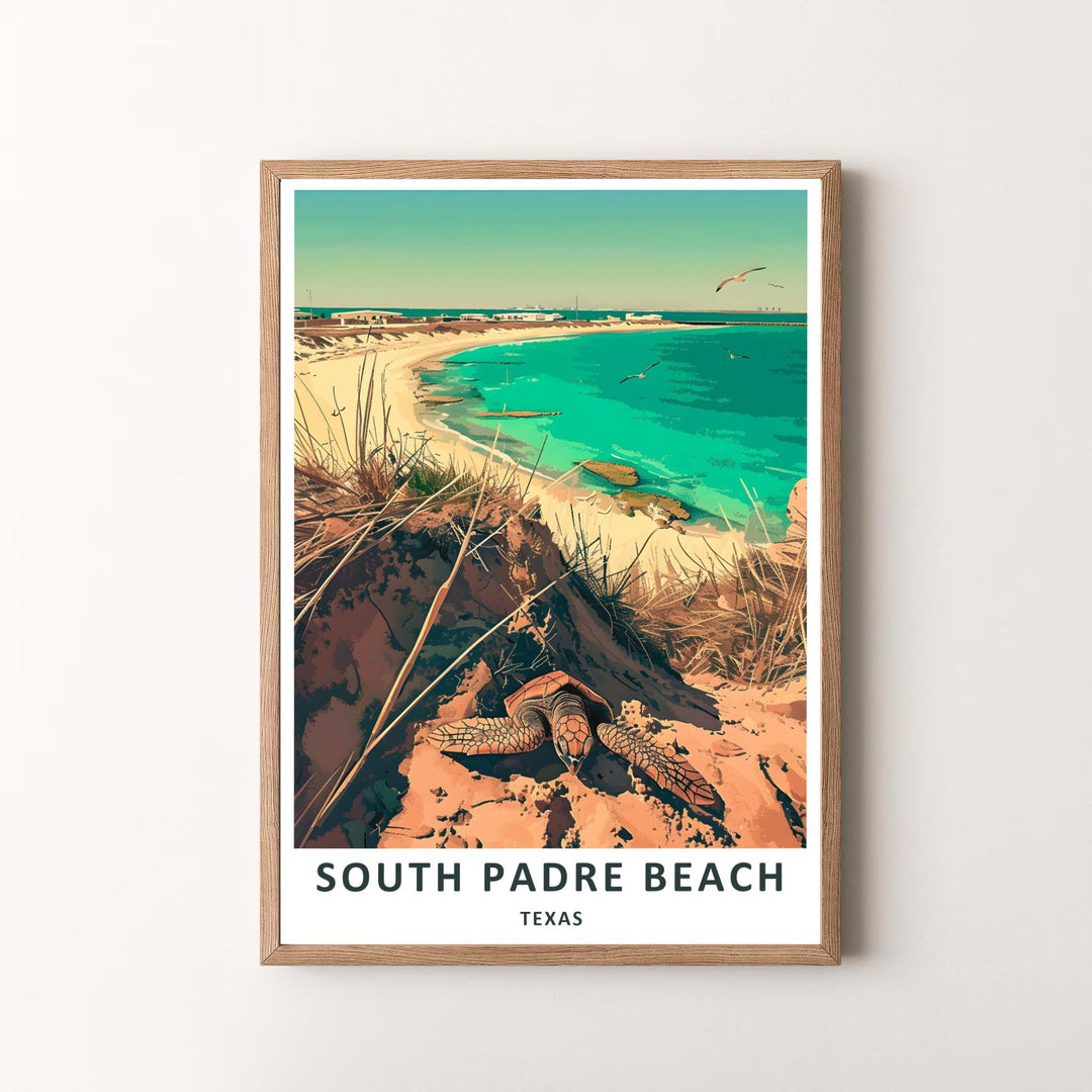 A beautiful coastal South Padre Island Wall Art graphic capturing the sunny shoreline, sea turtles, and pristine dunes of Malaquite Beach in Texas. Supplied in multiple display options—including unframed prints, canvases, and custom frames—to easily bring a South Padre Beach Print home.