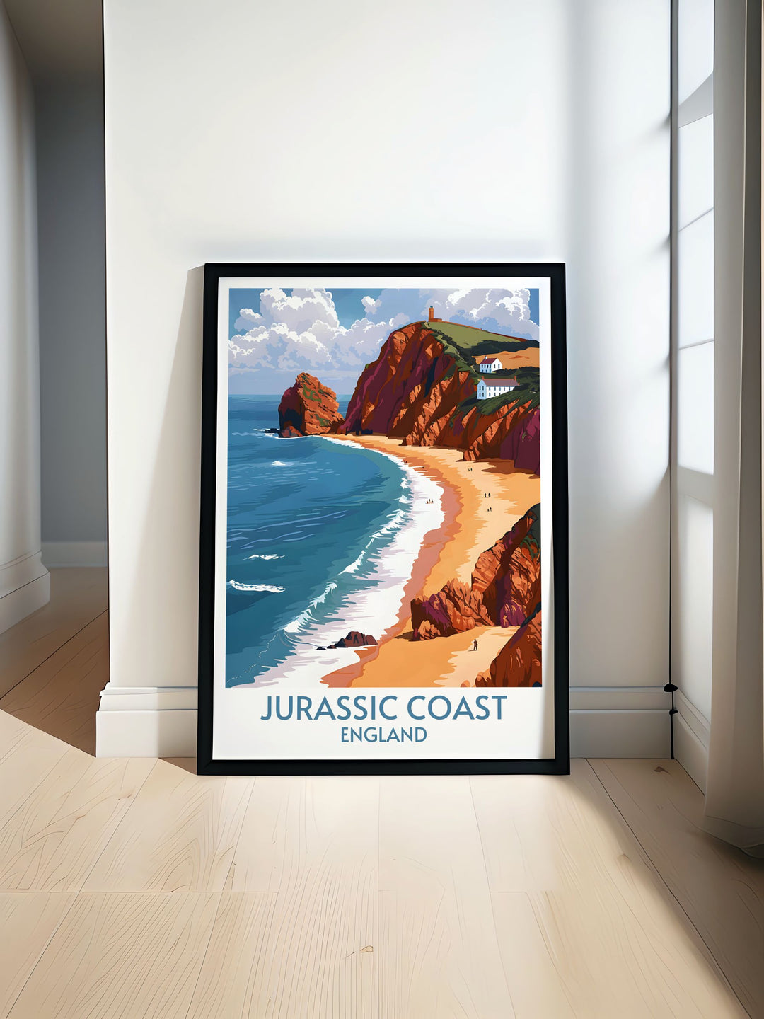 Scenic Jurassic Coast England print capturing the dramatic cliffs and unique rock formations of this UNESCO World Heritage site, perfect for nature lovers and history enthusiasts.