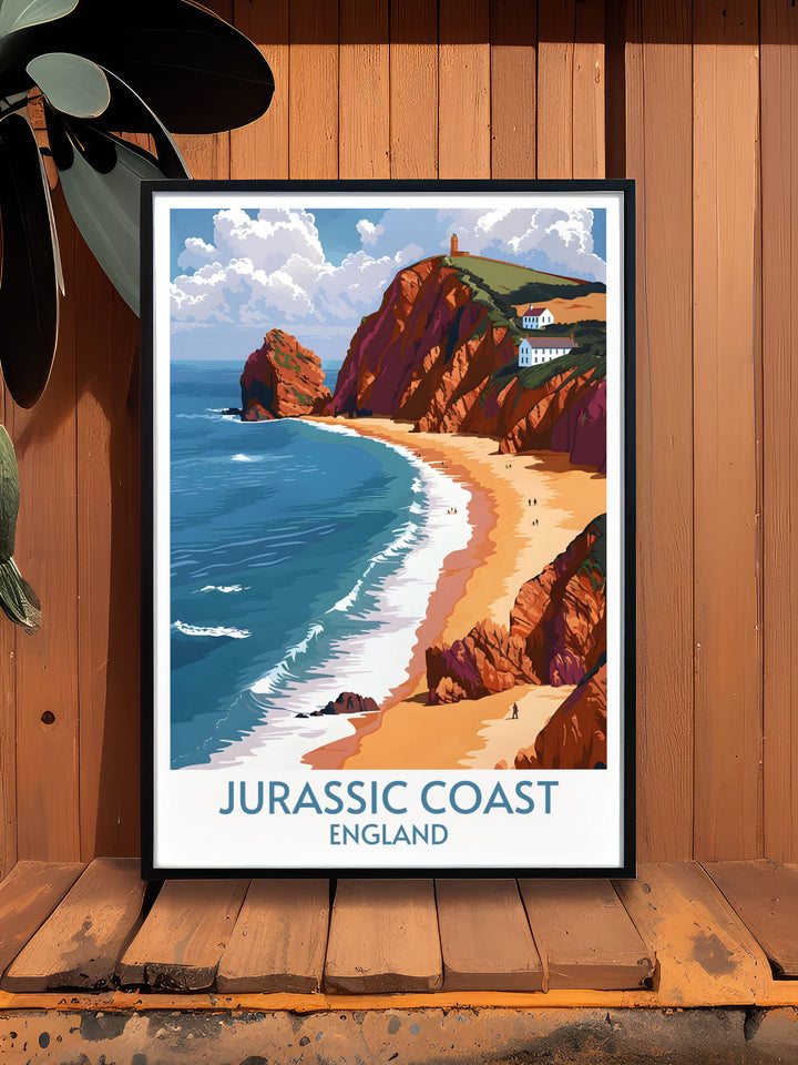 Serene South West Coastal Path travel poster highlighting the picturesque views and peaceful charm of this beloved hiking trail, perfect for bringing the outdoors into your home.