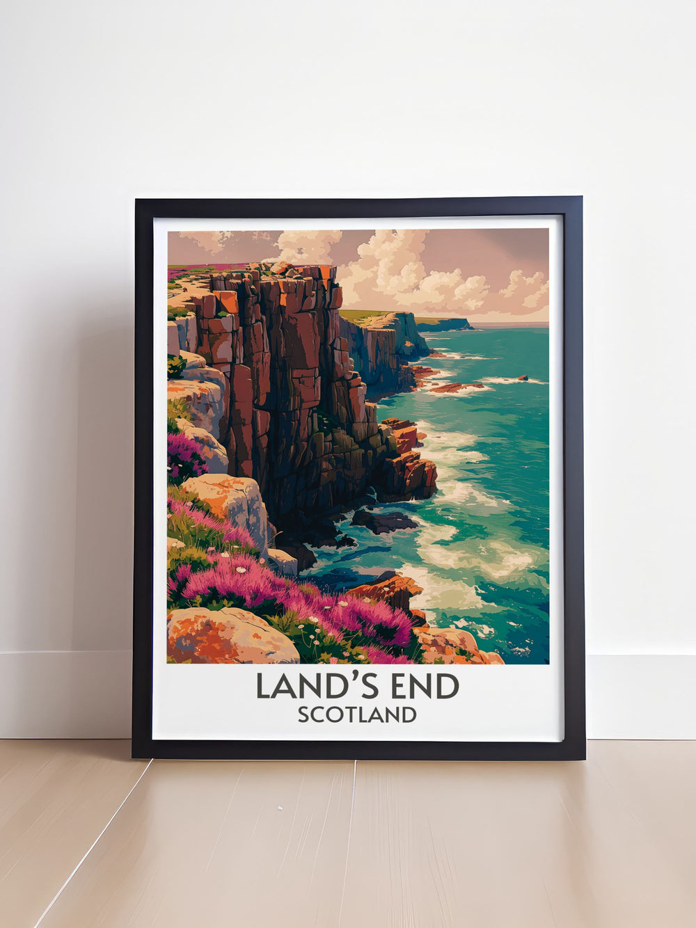 Lands End Scotland Framed Art highlights the raw natural beauty and historical significance of this iconic landmark. The dramatic cliffs and panoramic ocean views are beautifully rendered, making it a must have for enthusiasts of Scottish landscapes.