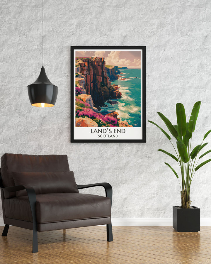 Lands End Scotland Framed Art showcases the iconic Scottish landmark with its dramatic cliffs and panoramic ocean views. The art beautifully renders the raw natural beauty and historical significance of Lands End, ideal for enthusiasts of Scottish landscapes.