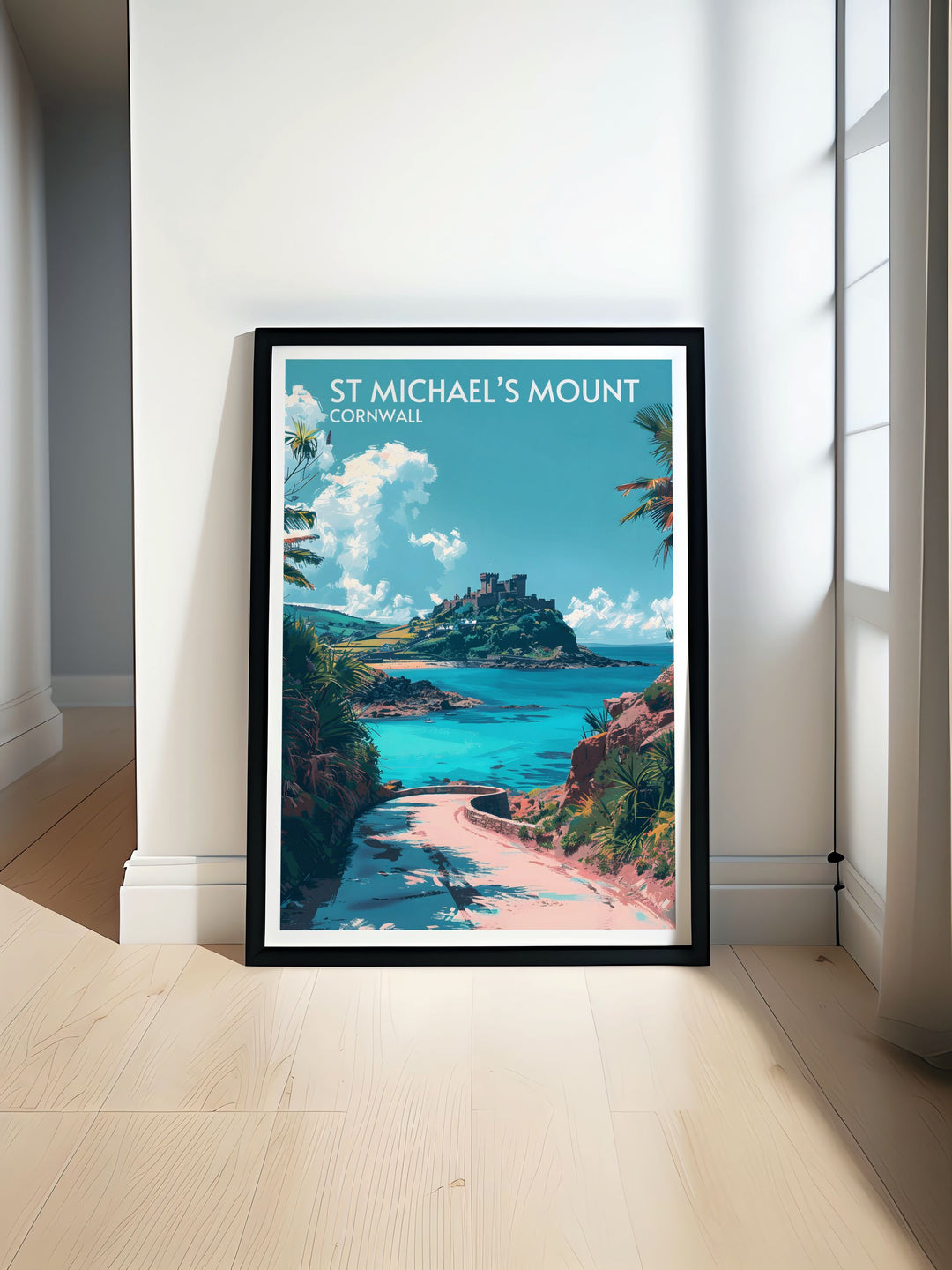 Stunning view of St Michaels Mount captured in modern wall decor with dramatic ocean backdrop showcasing the islands silhouette against the sky perfect for adding historical charm and coastal beauty to your home.