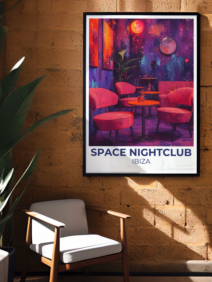 Custom Print of Space Nightclubs iconic dance floor with vibrant lights and energetic crowds, bringing the excitement and energy of Ibizas famous nightlife into your home decor. Ideal for music lovers and party enthusiasts.