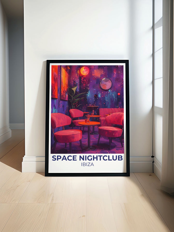 Space Nightclub Fine Art Print showcasing the vibrant nightlife of Ibiza with pulsating lights, energetic crowds, and vibrant colors. Perfect for music lovers and party enthusiasts who want to bring the essence of Ibizas nightlife into their home decor.