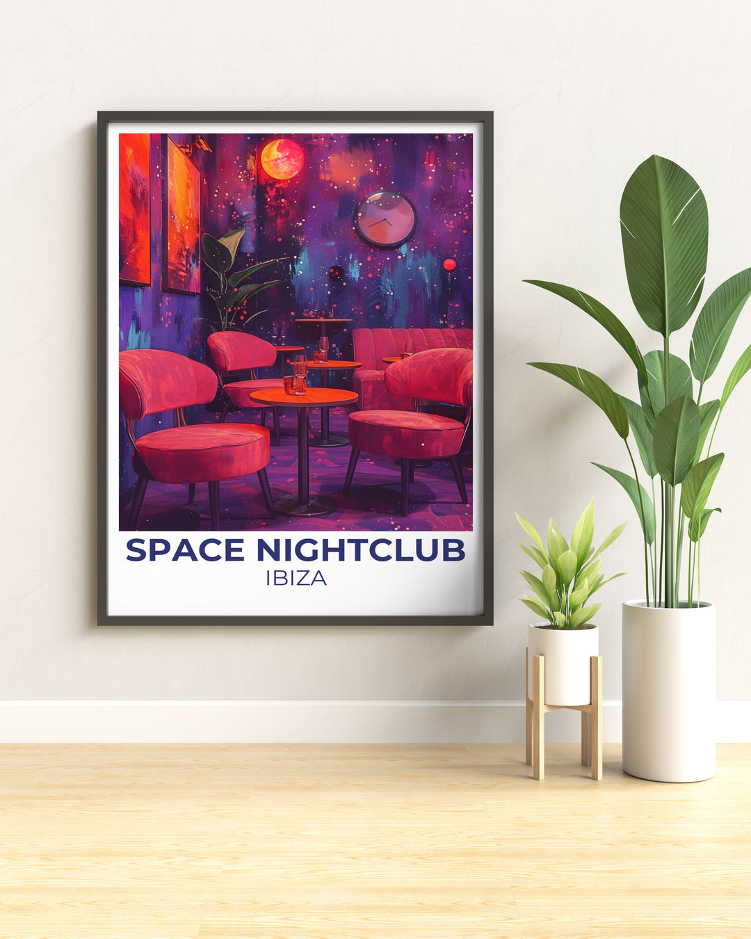 Custom Print of Space Nightclubs dance floor with vibrant lights and energetic crowds, bringing the excitement and energy of Ibizas famous nightlife into your home decor. Ideal for music lovers and party enthusiasts.