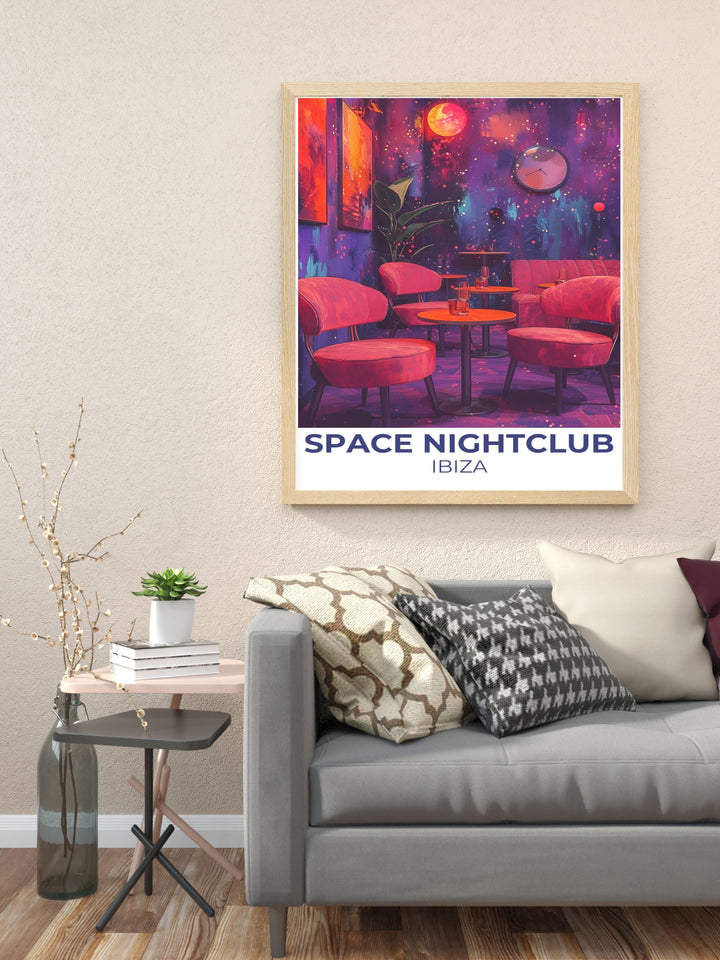 Space Nightclub Travel Poster featuring the legendary clubs vibrant nightlife scene with pulsating lights, energetic crowds, and vibrant colors. Perfect for music lovers and party enthusiasts who want to bring the essence of Ibizas nightlife into their home decor.