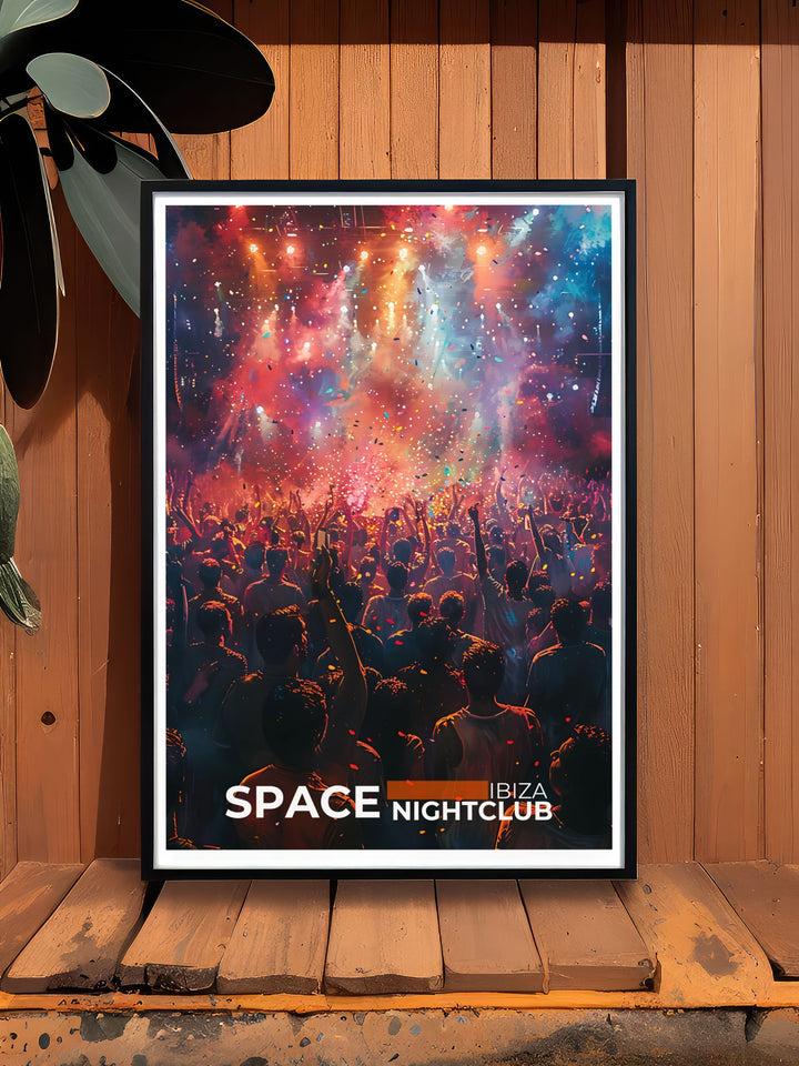 Ibiza travel poster featuring Space Nightclub, a tribute to the unforgettable nights and legendary status of the iconic club.