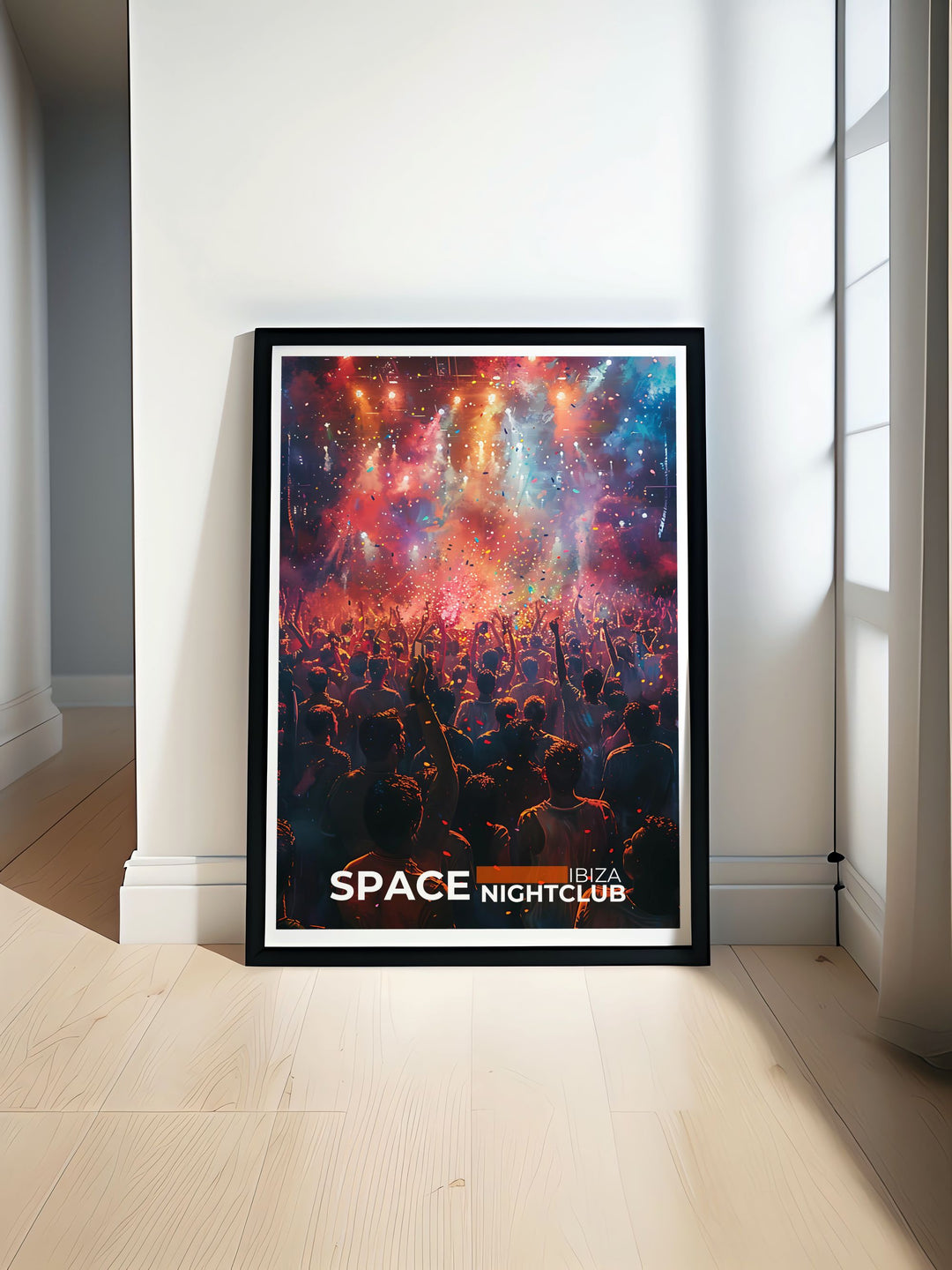 A vibrant depiction of Space Nightclub, showcasing the lively atmosphere and iconic architecture that make it a legendary venue in Ibiza.