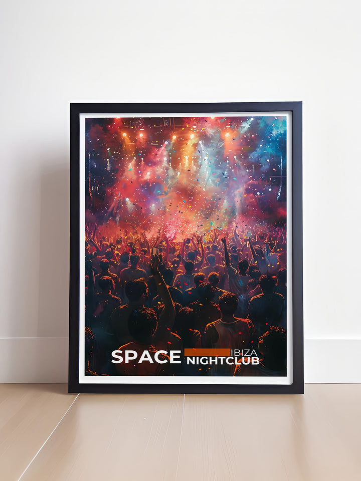 Captivating Ibiza nightlife captured in our framed art collection, highlighting the energetic ambiance of Space Nightclub.