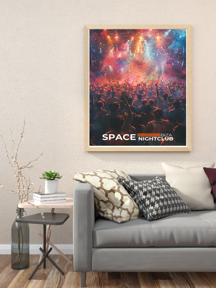 Framed art of Ibizas Space Nightclub, bringing the electric atmosphere of the venue into your home decor.