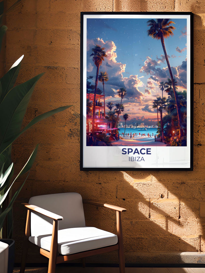 Space Ibiza Posters highlight the iconic Terrace of Space Nightclub, known for its open air design and electrifying atmosphere. This piece is ideal for music lovers and those who appreciate the vibrant culture of Ibiza.