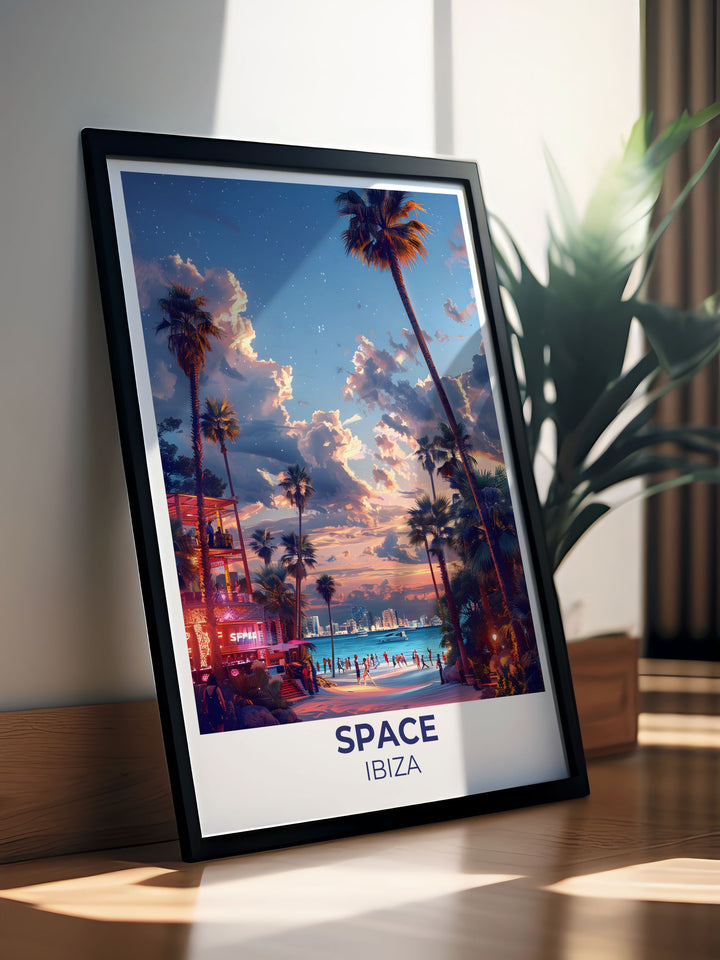 Ibiza Framed Art featuring a lively depiction of Space Nightclubs Terrace. The scene captures the excitement and energy of the club, known for hosting world renowned DJs and unforgettable parties. Perfect for adding a touch of Ibizas nightlife to your decor.